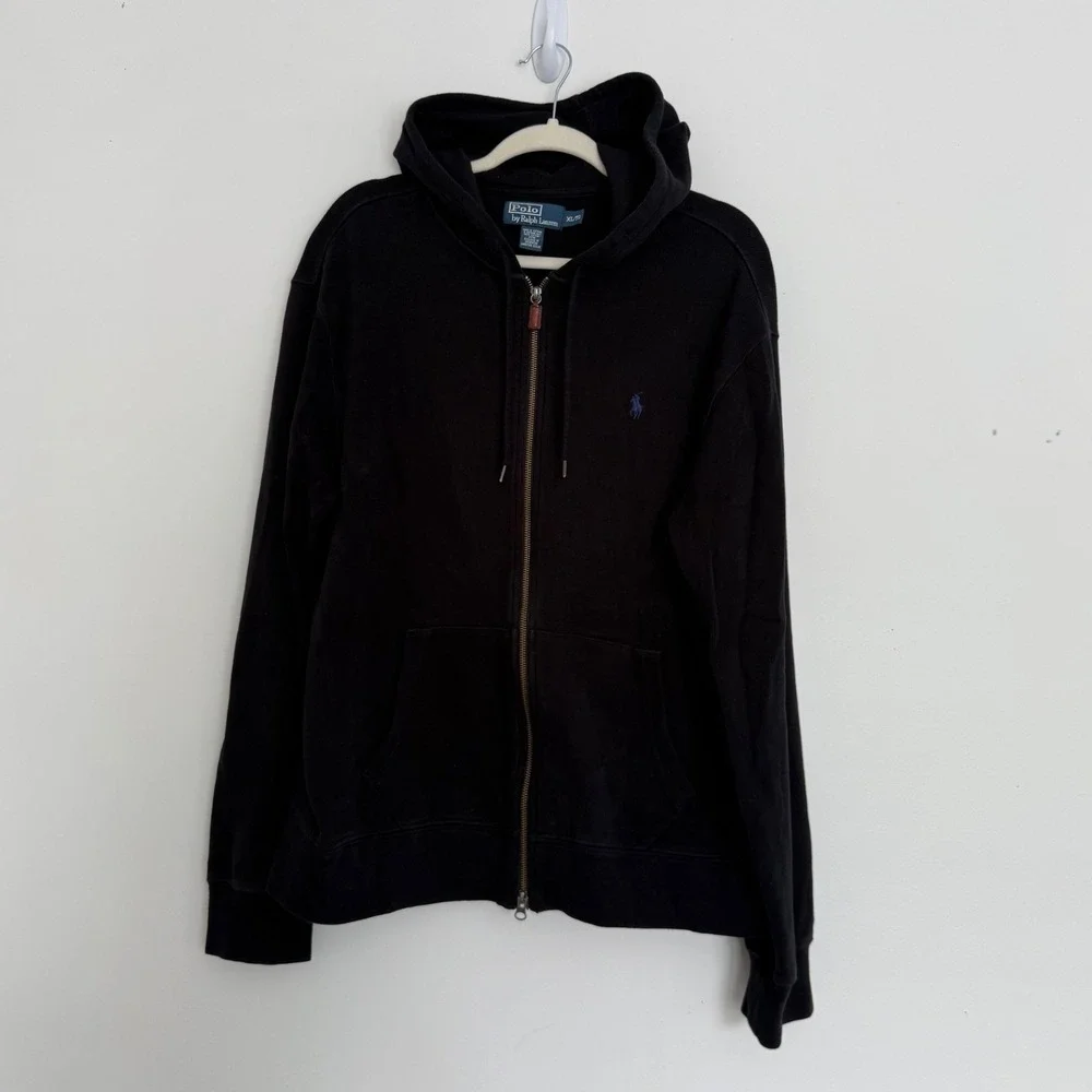 Vintage Y2K Polo Ralph Lauren Full Zip Hoodie Jacket XL Black Blue Pony‎ Logo